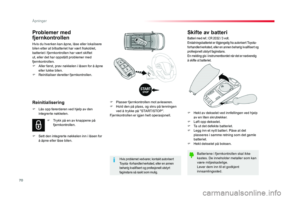 TOYOTA PROACE 2016 Instruksjoner for bruk (in Norwegian) 70
Proace_no_Chap02_ouvertures_ed01-2016
Skifte av batteri
Batteri med ref.: CR 2032 / 3 volt.
Erstatningsbatteriet er tilgjengelig fra autorisert Toyota-
forhandler/verksted, eller en annen behørig TOYOTA PROACE 2016 Instruksjoner for bruk (in Norwegian) 70
Proace_no_Chap02_ouvertures_ed01-2016
Skifte av batteri
Batteri med ref.: CR 2032 / 3 volt.
Erstatningsbatteriet er tilgjengelig fra autorisert Toyota-
forhandler/verksted, eller en annen behørig