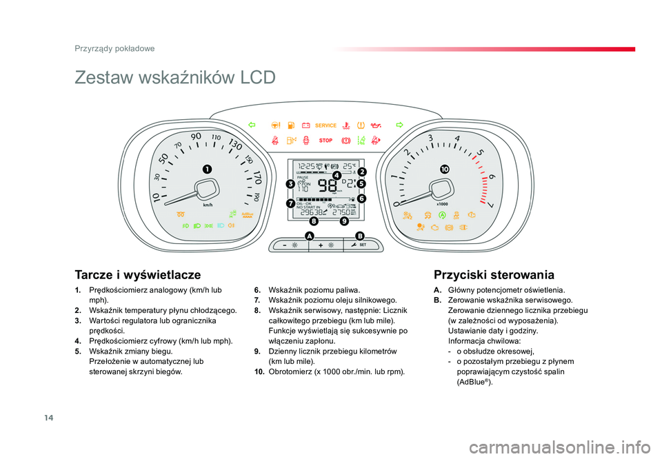 TOYOTA PROACE 2016 Instrukcja obsługi (in Polish) 14
Przyrządy pokładowe
Jumpy _pl_Chap01_instruments-de-bord_ed01-2016
Zestaw wskaźników LCD
1. Prędkościomierz analogowy (km/h lub
m p h).
2. Wskaźnik temperatury płynu chłodzącego.
3. TOYOTA PROACE 2016 Instrukcja obsługi (in Polish) 14
Przyrządy pokładowe
Jumpy _pl_Chap01_instruments-de-bord_ed01-2016
Zestaw wskaźników LCD
1. Prędkościomierz analogowy (km/h lub
m p h).
2. Wskaźnik temperatury płynu chłodzącego.
3.