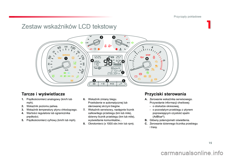 TOYOTA PROACE 2016 Instrukcja obsługi (in Polish) 15
1
Przyrządy pokładowe
Jumpy _pl_Chap01_instruments-de-bord_ed01-2016
1. Prędkościomierz analogowy (km/h lub
m p h).
2. Wskaźnik poziomu paliwa.
3. Wskaźnik temperatury płynu chłodząc TOYOTA PROACE 2016 Instrukcja obsługi (in Polish) 15
1
Przyrządy pokładowe
Jumpy _pl_Chap01_instruments-de-bord_ed01-2016
1. Prędkościomierz analogowy (km/h lub
m p h).
2. Wskaźnik poziomu paliwa.
3. Wskaźnik temperatury płynu chłodząc