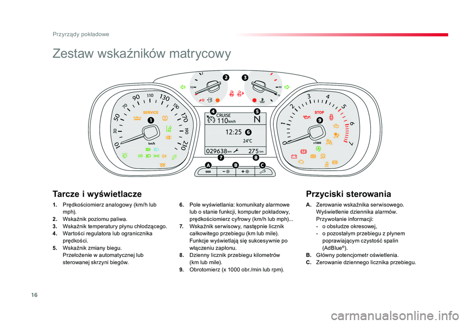 TOYOTA PROACE 2016 Instrukcja obsługi (in Polish) 16
Przyrządy pokładowe
Jumpy _pl_Chap01_instruments-de-bord_ed01-2016
Zestaw wskaźników matrycowy
1. Prędkościomierz analogowy (km/h lub
m p h).
2. Wskaźnik poziomu paliwa.
3. Wskaźnik t TOYOTA PROACE 2016 Instrukcja obsługi (in Polish) 16
Przyrządy pokładowe
Jumpy _pl_Chap01_instruments-de-bord_ed01-2016
Zestaw wskaźników matrycowy
1. Prędkościomierz analogowy (km/h lub
m p h).
2. Wskaźnik poziomu paliwa.
3. Wskaźnik t