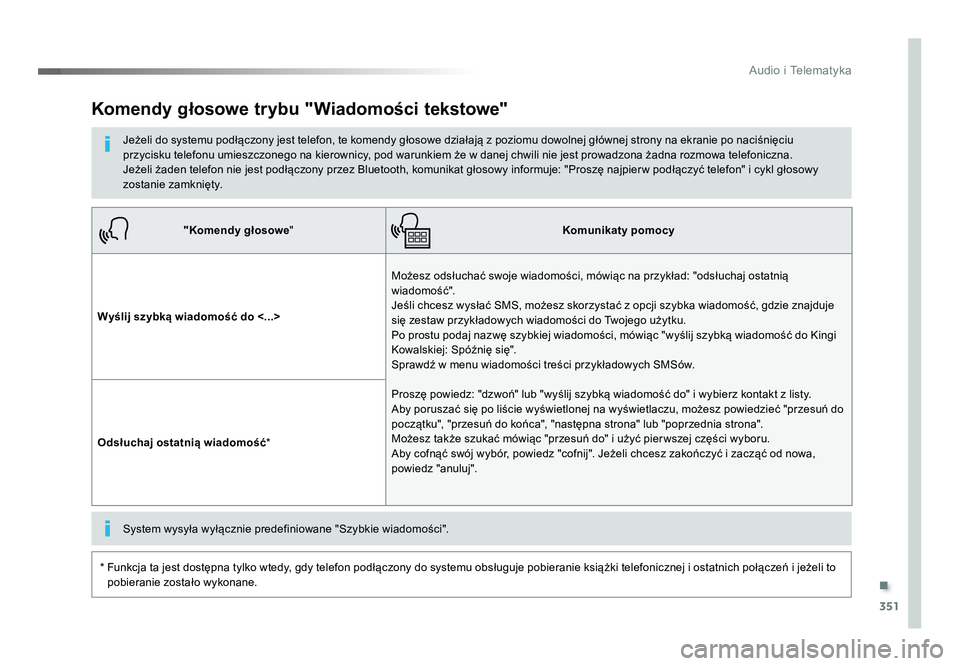 TOYOTA PROACE 2016  Instrukcja obsługi (in Polish) .
351
Audio i Telematyka
Jumpy_pl_Chap10b_NAC-1_ed01-2016
"Komendy głosowe" Komunikaty pomocy
Wyślij szybką wiadomość do <...> Możesz odsłuchać swoje wiadomości, mówiąc na przykład