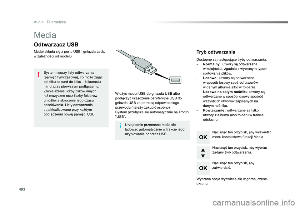 TOYOTA PROACE 2016  Instrukcja obsługi (in Polish) 492
Audio i Telematyka
Jumpy_pl_Chap10d_RD6_ed01-2016
Media
Odtwarzacz USB
Moduł składa się z portu USB i gniazda Jack, 
w zależności od modelu.Włożyć moduł USB do gniazda USB albo 
podłącz