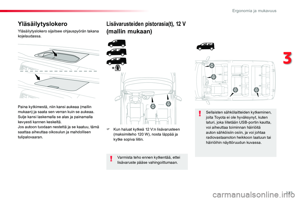TOYOTA PROACE 2018 Omistajan Käsikirja (in Finnish) 121
Yläsäilytyslokero
Yläsäilytyslokero sijaitsee ohjauspyörän takana kojelaudassa.
Paina kytkimestä, niin kansi aukeaa (mallin mukaan) ja saata sen verran kuin se aukeaa.Sulje kansi laskemalla TOYOTA PROACE 2018 Omistajan Käsikirja (in Finnish) 121
Yläsäilytyslokero
Yläsäilytyslokero sijaitsee ohjauspyörän takana kojelaudassa.
Paina kytkimestä, niin kansi aukeaa (mallin mukaan) ja saata sen verran kuin se aukeaa.Sulje kansi laskemalla
