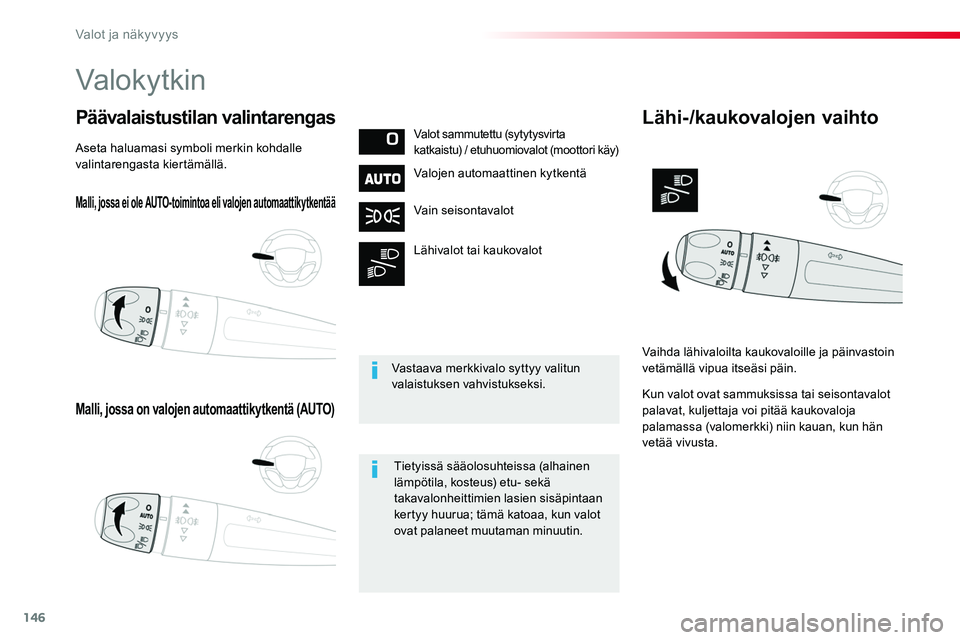 TOYOTA PROACE 2018  Omistajan Käsikirja (in Finnish) 146
Malli, jossa ei ole AUTO-toimintoa eli valojen automaattikytkentää
Malli, jossa on valojen automaattikytkentä (AUTO)
Päävalaistustilan valintarengasValot sammutettu (sytytysvirta katkaistu) /