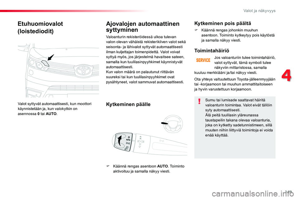 TOYOTA PROACE 2018  Omistajan Käsikirja (in Finnish) 149
Etuhuomiovalot
(loistediodit)
Valot syttyvät automaattisesti, kun moottori käynnistetään ja, kun valokytkin on asennossa 0 tai AUTO.
Ajovalojen automaattinen 
syttyminen
Kytkeminen päälle
Va