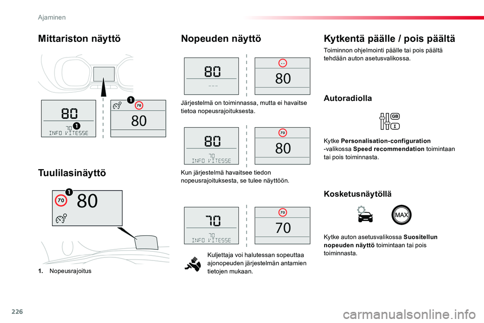 TOYOTA PROACE 2018 Omistajan Käsikirja (in Finnish) 226
Järjestelmä on toiminnassa, mutta ei havaitse tietoa nopeusrajoituksesta.
Kuljettaja voi halutessan sopeuttaa ajonopeuden järjestelmän antamien tietojen mukaan.
Nopeuden näyttö
1. Nopeusrajo TOYOTA PROACE 2018 Omistajan Käsikirja (in Finnish) 226
Järjestelmä on toiminnassa, mutta ei havaitse tietoa nopeusrajoituksesta.
Kuljettaja voi halutessan sopeuttaa ajonopeuden järjestelmän antamien tietojen mukaan.
Nopeuden näyttö
1. Nopeusrajo