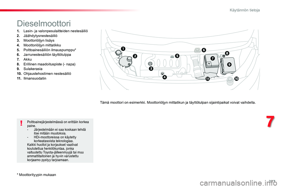 TOYOTA PROACE 2018 Omistajan Käsikirja (in Finnish) 277
* Moottorityypin mukaan
Dieselmoottori
1. Lasin- ja valonpesulaitteiden nestesäiliö2. Jäähdytysnestesäiliö3. Moottoriöljyn lisäys4. Moottoriöljyn mittatikku5. Polttoainesäiliön ilmau TOYOTA PROACE 2018 Omistajan Käsikirja (in Finnish) 277
* Moottorityypin mukaan
Dieselmoottori
1. Lasin- ja valonpesulaitteiden nestesäiliö2. Jäähdytysnestesäiliö3. Moottoriöljyn lisäys4. Moottoriöljyn mittatikku5. Polttoainesäiliön ilmau