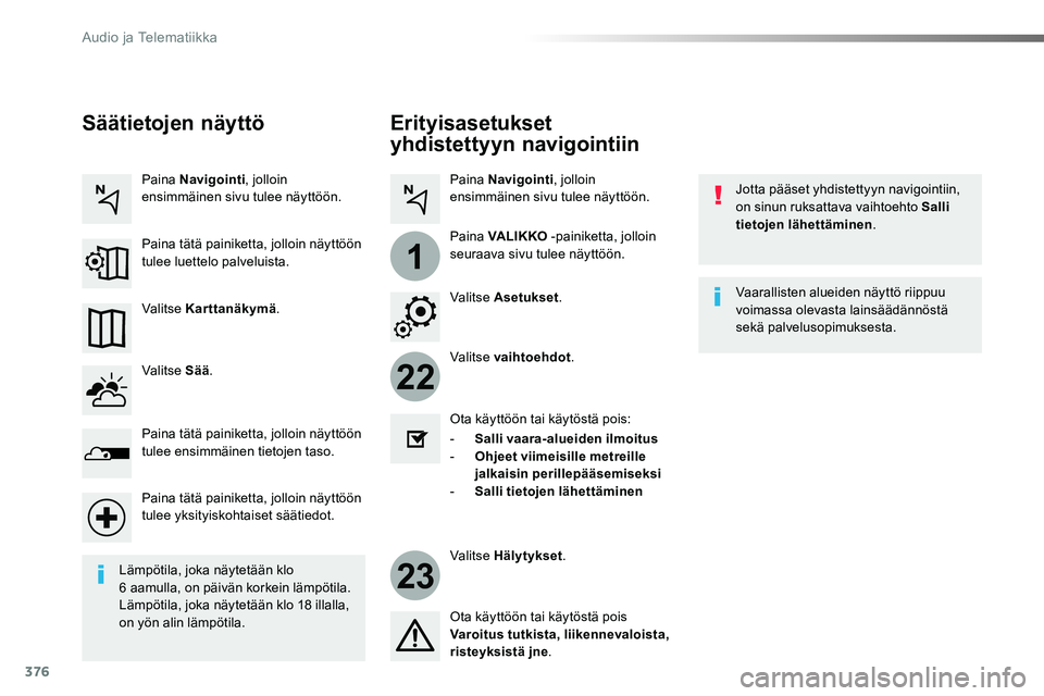 TOYOTA PROACE 2018 Omistajan Käsikirja (in Finnish) 376
22
23
1
Erityisasetukset
yhdistettyyn navigointiin
Jotta pääset yhdistettyyn navigointiin, on sinun ruksattava vaihtoehto Salli tietojen lähettäminen.
Valitse vaihtoehdot.
Valitse Hälytykset TOYOTA PROACE 2018 Omistajan Käsikirja (in Finnish) 376
22
23
1
Erityisasetukset
yhdistettyyn navigointiin
Jotta pääset yhdistettyyn navigointiin, on sinun ruksattava vaihtoehto Salli tietojen lähettäminen.
Valitse vaihtoehdot.
Valitse Hälytykset