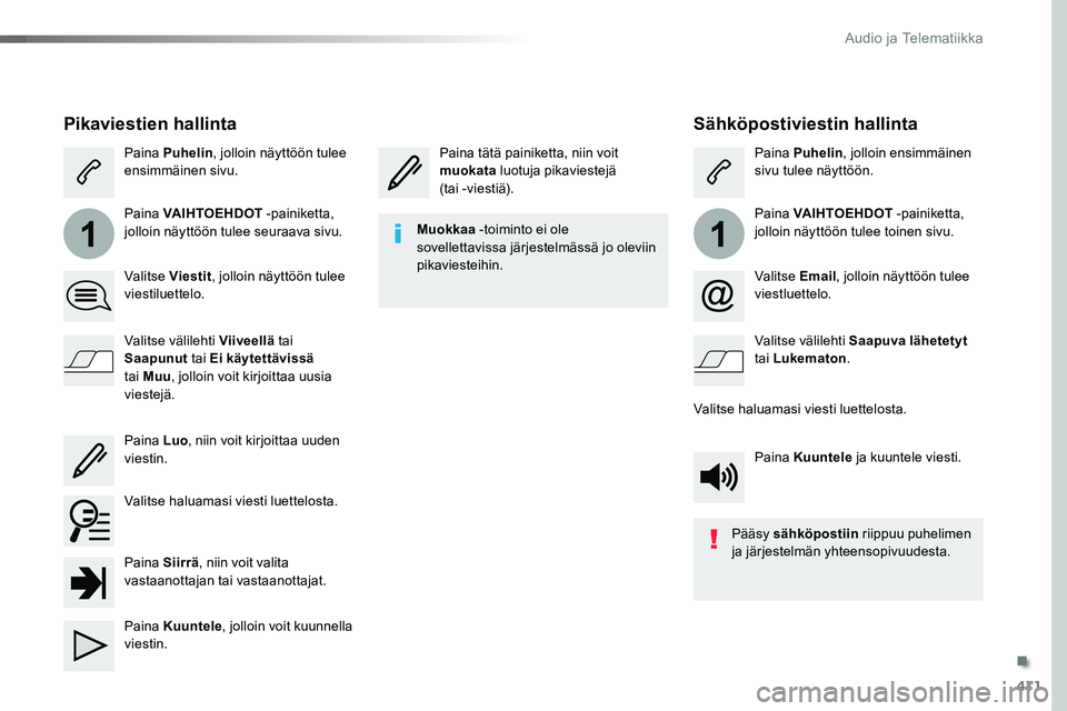 TOYOTA PROACE 2018 Omistajan Käsikirja (in Finnish) 411
11
Sähköpostiviestin hallinta
Paina tätä painiketta, niin voit muokata luotuja pikaviestejä (tai -viestiä).
Paina Puhelin, jolloin ensimmäinen sivu tulee näyttöön.
Paina VAIHTOEHDOT -pa TOYOTA PROACE 2018 Omistajan Käsikirja (in Finnish) 411
11
Sähköpostiviestin hallinta
Paina tätä painiketta, niin voit muokata luotuja pikaviestejä (tai -viestiä).
Paina Puhelin, jolloin ensimmäinen sivu tulee näyttöön.
Paina VAIHTOEHDOT -pa