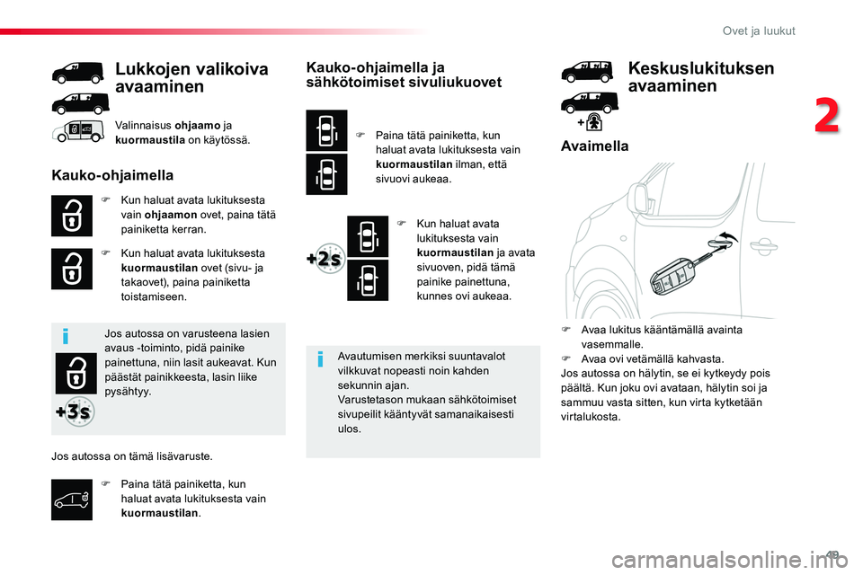 TOYOTA PROACE 2018  Omistajan Käsikirja (in Finnish) 49
Avaimella
F Kun haluat avata lukituksesta vain ohjaamon ovet, paina tätä painiketta kerran.
F Kun haluat avata lukituksesta kuormaustilan ovet (sivu- ja takaovet), paina painiketta toistamiseen.
