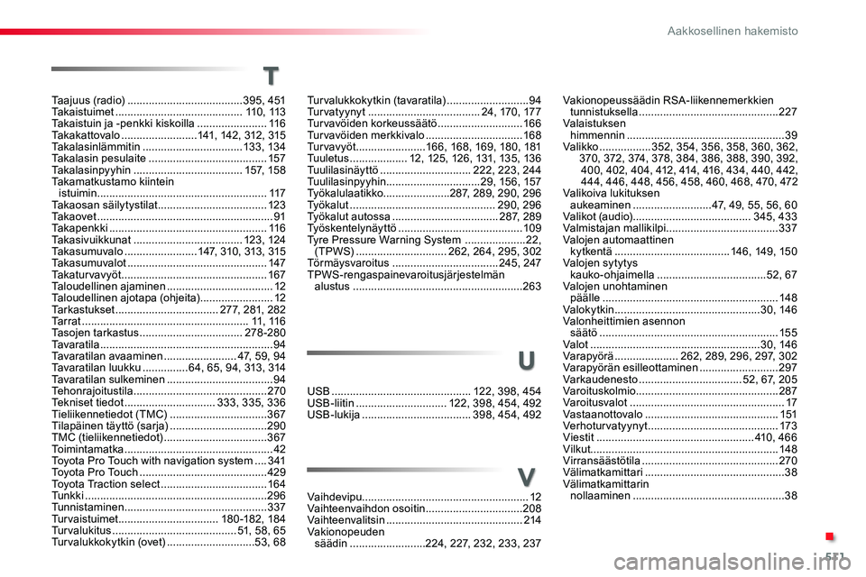 TOYOTA PROACE 2018  Omistajan Käsikirja (in Finnish) 511
Vakionopeussäädin RSA-liikennemerkkien tunnistuksella ..............................................227Valaistuksen  himmennin ....................................................39Valikko .....