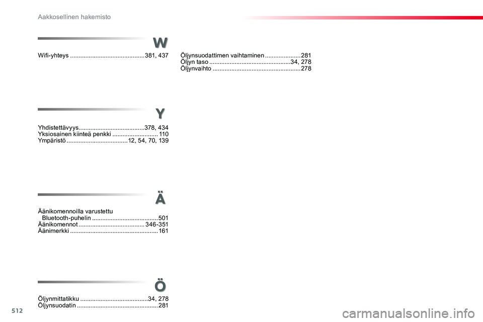 TOYOTA PROACE 2018  Omistajan Käsikirja (in Finnish) 512
W
Ä
Ö
Wifi-yhteys ............................................381, 437Öljynsuodattimen vaihtaminen .....................281Öljyn taso ................................................34, 278Öl
