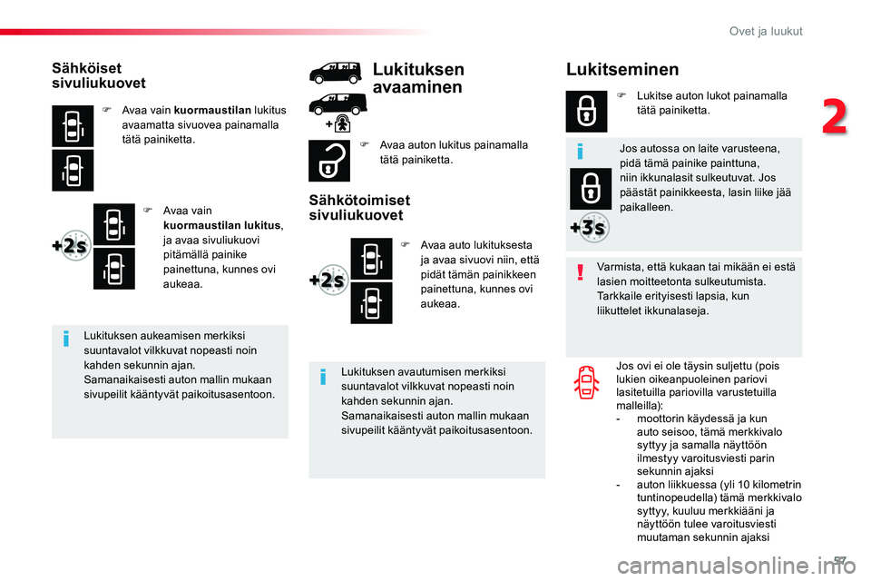 TOYOTA PROACE 2018 Omistajan Käsikirja (in Finnish) 57
Lukitseminen
Varmista, että kukaan tai mikään ei estä lasien moitteetonta sulkeutumista.Tarkkaile erityisesti lapsia, kun liikuttelet ikkunalaseja.
Jos ovi ei ole täysin suljettu (pois lukien TOYOTA PROACE 2018 Omistajan Käsikirja (in Finnish) 57
Lukitseminen
Varmista, että kukaan tai mikään ei estä lasien moitteetonta sulkeutumista.Tarkkaile erityisesti lapsia, kun liikuttelet ikkunalaseja.
Jos ovi ei ole täysin suljettu (pois lukien