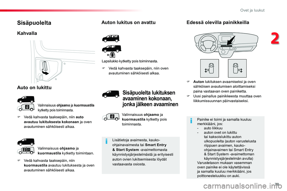 TOYOTA PROACE 2018 Omistajan Käsikirja (in Finnish) 79
F Vedä kahvasta taaksepäin, niin kuormaustila avautuu lukituksesta ja oven avautuminen sähköisesti alkaa.
F Vedä kahvasta taaksepäin, niin oven avautuminen sähköisesti alkaa.
Kahvalla
Valin TOYOTA PROACE 2018 Omistajan Käsikirja (in Finnish) 79
F Vedä kahvasta taaksepäin, niin kuormaustila avautuu lukituksesta ja oven avautuminen sähköisesti alkaa.
F Vedä kahvasta taaksepäin, niin oven avautuminen sähköisesti alkaa.
Kahvalla
Valin