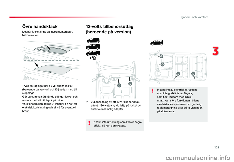 TOYOTA PROACE 2018 Bruksanvisningar (in Swedish) 121
Jumpy _sv_Chap03_ergonomie-et-confort_ed01-2016
Övre handskfack
Det här facket finns på instrumentbrädan,
bakom ratten.
Tryck på reglaget när du vill öppna locket
(beroende på version) o TOYOTA PROACE 2018 Bruksanvisningar (in Swedish) 121
Jumpy _sv_Chap03_ergonomie-et-confort_ed01-2016
Övre handskfack
Det här facket finns på instrumentbrädan,
bakom ratten.
Tryck på reglaget när du vill öppna locket
(beroende på version) o