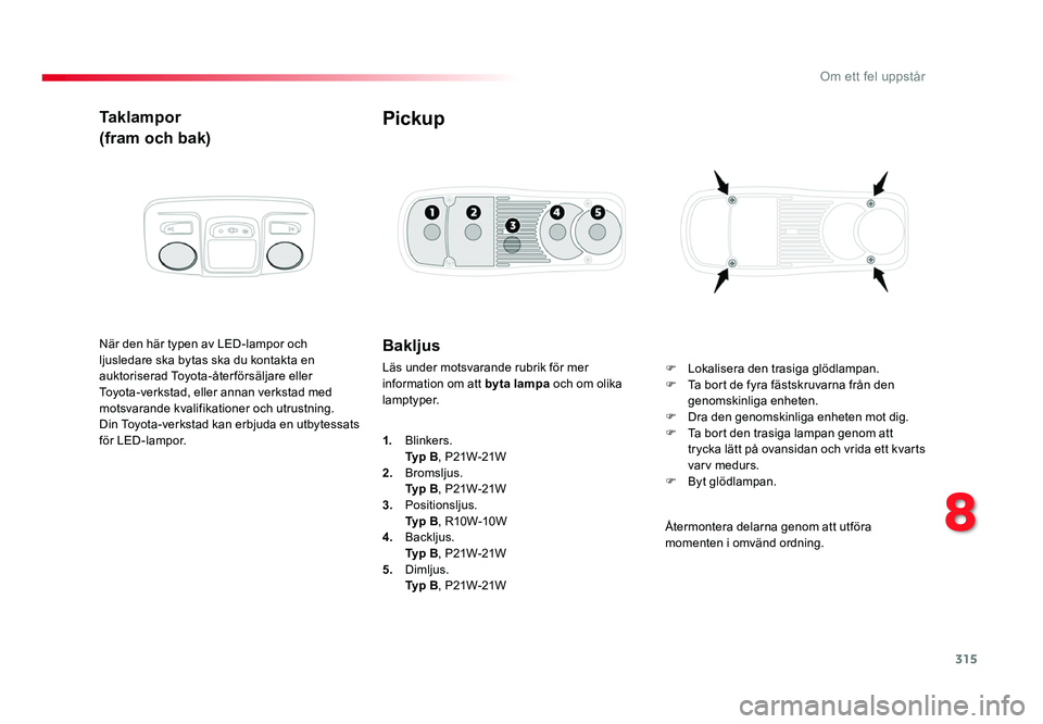 TOYOTA PROACE 2018 Bruksanvisningar (in Swedish) 315
Jumpy _sv_Chap08_En-cas-de-panne_ed01-2016
Ta k l a m p o r
(fram och bak)
När den här typen av LED-lampor och
ljusledare ska bytas ska du kontakta en
auktoriserad Toyota-återförsäljare ell TOYOTA PROACE 2018 Bruksanvisningar (in Swedish) 315
Jumpy _sv_Chap08_En-cas-de-panne_ed01-2016
Ta k l a m p o r
(fram och bak)
När den här typen av LED-lampor och
ljusledare ska bytas ska du kontakta en
auktoriserad Toyota-återförsäljare ell