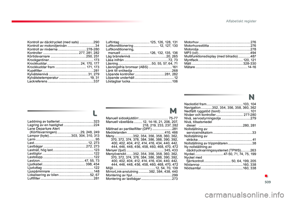 TOYOTA PROACE 2018  Bruksanvisningar (in Swedish) 509
Jumpy_sv_Chap11_index-alpha_ed01-2016
Laddning av batteriet ....................................323
Lagring av en hastighet ................................224
Lane Departure Alert  (Kör filsvarn