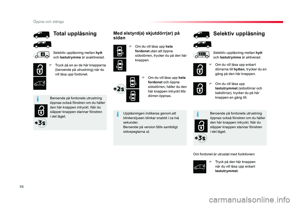 TOYOTA PROACE 2018 Bruksanvisningar (in Swedish) 56
Jumpy _sv_Chap02_ouvertures_ed01-2016
Med elstyrd(a) skjutdörr(ar) på sidan
F Om du vill låsa upp hela
fordonet utan att öppna
sidodörren, trycker du på den här
knappen.
F
Om du vill là TOYOTA PROACE 2018 Bruksanvisningar (in Swedish) 56
Jumpy _sv_Chap02_ouvertures_ed01-2016
Med elstyrd(a) skjutdörr(ar) på sidan
F Om du vill låsa upp hela
fordonet utan att öppna
sidodörren, trycker du på den här
knappen.
F
Om du vill lÃ