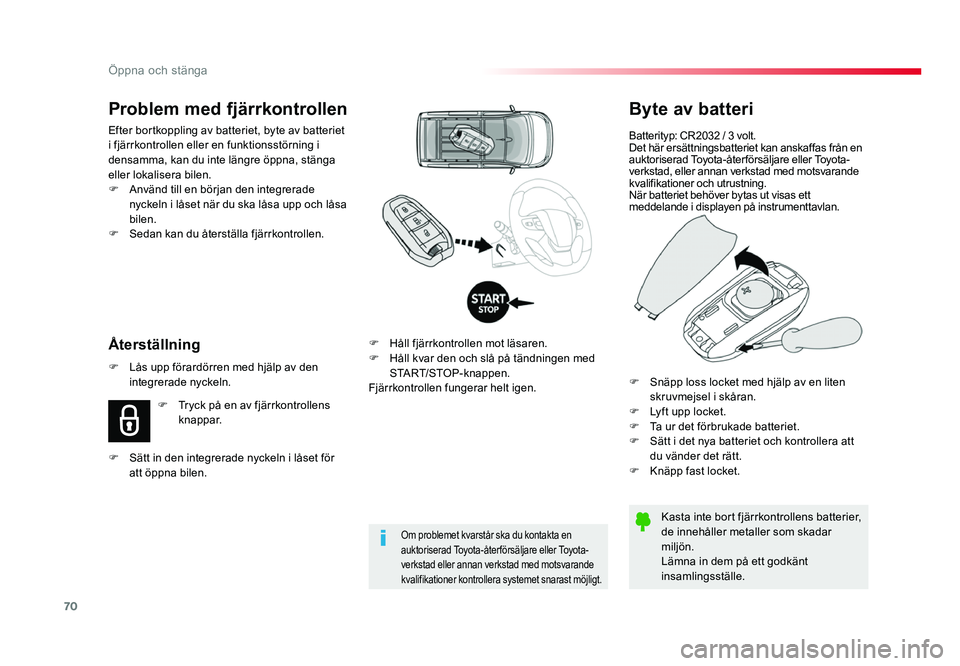 TOYOTA PROACE 2018 Bruksanvisningar (in Swedish) 70
Jumpy _sv_Chap02_ouvertures_ed01-2016
Byte av batteri
Batterityp: CR2032 / 3 volt.
Det här ersättningsbatteriet kan anskaffas från en
auktoriserad Toyota-återförsäljare eller Toyota-
verksta TOYOTA PROACE 2018 Bruksanvisningar (in Swedish) 70
Jumpy _sv_Chap02_ouvertures_ed01-2016
Byte av batteri
Batterityp: CR2032 / 3 volt.
Det här ersättningsbatteriet kan anskaffas från en
auktoriserad Toyota-återförsäljare eller Toyota-
verksta