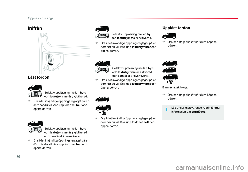 TOYOTA PROACE 2018 Bruksanvisningar (in Swedish) 76
Jumpy _sv_Chap02_ouvertures_ed01-2016
Läs under motsvarande rubrik för mer information om barnlåset.
Inifrån
Selektiv upplåsning mellan hytt
och lastutrymme är avaktiverad. F
Dra i det in TOYOTA PROACE 2018 Bruksanvisningar (in Swedish) 76
Jumpy _sv_Chap02_ouvertures_ed01-2016
Läs under motsvarande rubrik för mer information om barnlåset.
Inifrån
Selektiv upplåsning mellan hytt
och lastutrymme är avaktiverad. F
Dra i det in