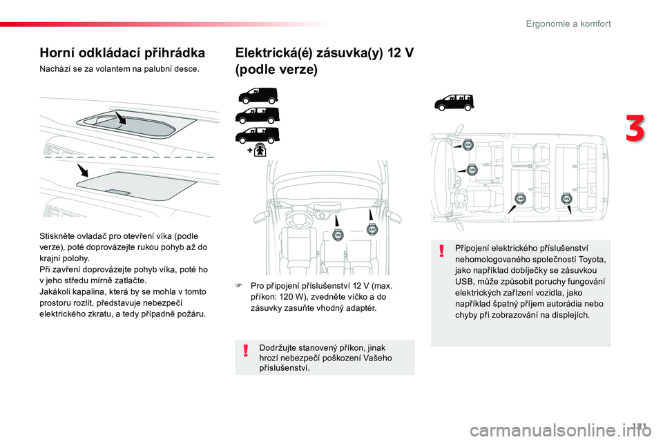 TOYOTA PROACE 2018  Návod na použití (in Czech) 121
Proace_cs_Chap03_ergonomie-et-confort_ed01-2016
Horní odkládací přihrádka
Nachází se za volantem na palubní desce.
Stiskněte ovladač pro otevření víka (podle verze), poté doprovázej