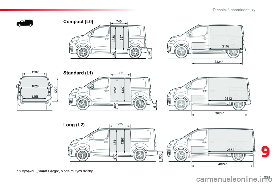 TOYOTA PROACE 2018 Návod na použití (in Czech) 329
Proace_cs_Chap09_caracteristiques-techniques_ed01-2016
* S výbavou „Smart Cargo“, s odejmutými dvířky.
Compact (L0)
Standard (L1)
Long (L2)
9
Technick TOYOTA PROACE 2018 Návod na použití (in Czech) 329
Proace_cs_Chap09_caracteristiques-techniques_ed01-2016
* S výbavou „Smart Cargo“, s odejmutými dvířky.
Compact (L0)
Standard (L1)
Long (L2)
9
Technick