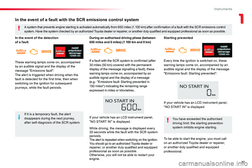 TOYOTA PROACE 2016 Owners Guide 37
Starting prevented
Every time the ignition is switched on, these warning lamps come on, accompanied by an audible signal and the display of the message "Emissions fault: Starting prevented"