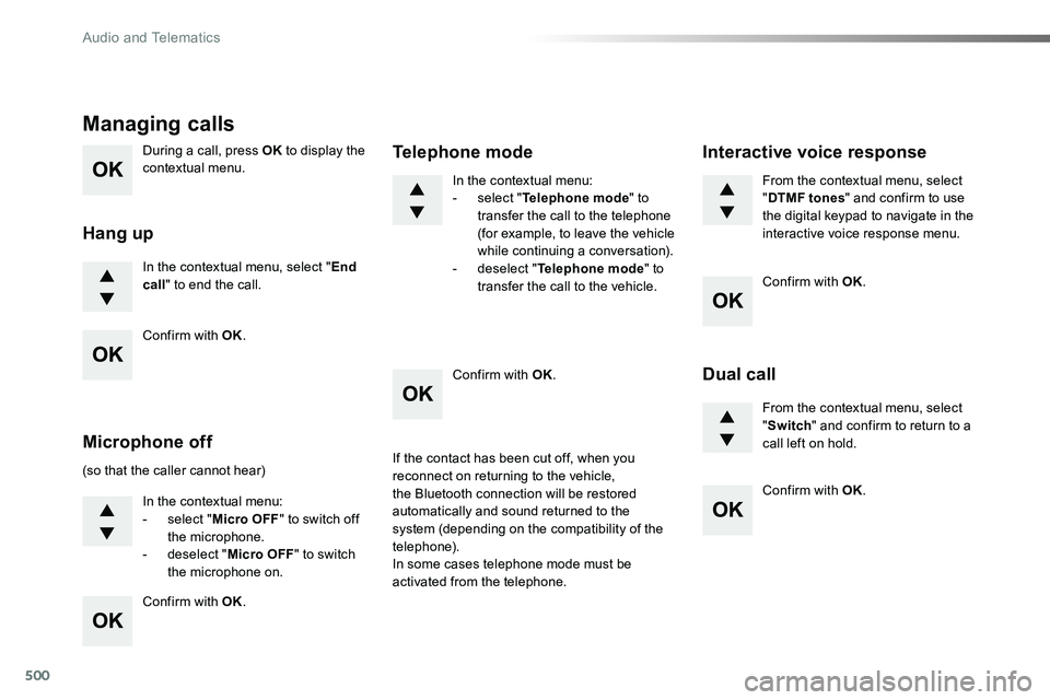 TOYOTA PROACE 2017  Owners Manual 500
During a call, press OK to display the contextual menu.
In the contextual menu, select "End call" to end the call.
Managing calls
Hang up
(so that the caller cannot hear)
In the contextual