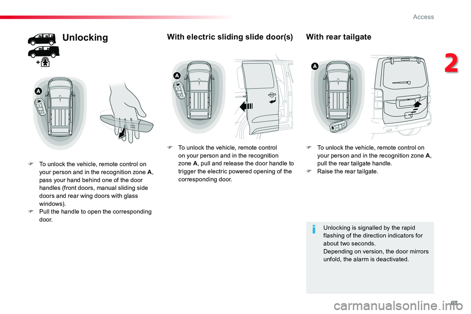 TOYOTA PROACE 2017 Repair Manual 63
Unlocking
F To unlock the vehicle, remote control on your person and in the recognition zone A, pass your hand behind one of the door handles (front doors, manual sliding side doors and rear wing d TOYOTA PROACE 2017 Repair Manual 63
Unlocking
F To unlock the vehicle, remote control on your person and in the recognition zone A, pass your hand behind one of the door handles (front doors, manual sliding side doors and rear wing d