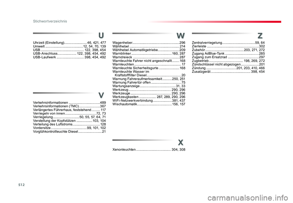 TOYOTA PROACE 2017  Betriebsanleitungen (in German) 512
Stichwortverzeichnis
Jumpy_de_Chap11_index-alpha_ed01-2016
W
Verkehrsinformationen .................................489
Verkehrsinformationen (TMC)  ......................367
Verlängertes Führer