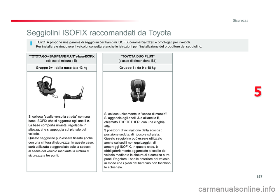 TOYOTA PROACE 2016 Manuale duso (in Italian) 187
5
Sicurezza
Jumpy _it_Chap05_securite_ed01-2016
Seggiolini ISOFIX raccomandati da To y o t a
TOYOTA propone una gamma di seggiolini per bambini ISOFIX commercializzati e omologati per i veicoli.
P TOYOTA PROACE 2016 Manuale duso (in Italian) 187
5
Sicurezza
Jumpy _it_Chap05_securite_ed01-2016
Seggiolini ISOFIX raccomandati da To y o t a
TOYOTA propone una gamma di seggiolini per bambini ISOFIX commercializzati e omologati per i veicoli.
P