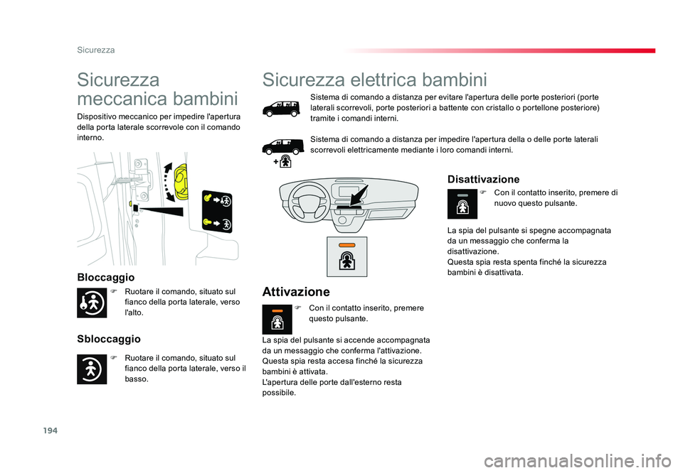 TOYOTA PROACE 2016 Manuale duso (in Italian) 194
Sicurezza
Jumpy _it_Chap05_securite_ed01-2016
Sicurezza
meccanica bambini
Bloccaggio
Sbloccaggio
Dispositivo meccanico per impedire l'apertura
della porta laterale scorrevole con il comando TOYOTA PROACE 2016 Manuale duso (in Italian) 194
Sicurezza
Jumpy _it_Chap05_securite_ed01-2016
Sicurezza
meccanica bambini
Bloccaggio
Sbloccaggio
Dispositivo meccanico per impedire l'apertura
della porta laterale scorrevole con il comando