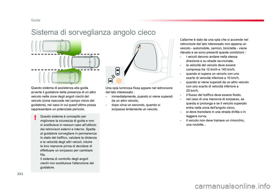 TOYOTA PROACE 2016 Manuale duso (in Italian) 252
Guida
Jumpy _it_Chap06_conduite_ed01-2016
Sistema di sorveglianza angolo cieco
Una spia luminosa fissa appare nel retrovisore
del lato interessato :
- immediatamente, quando si viene superati da TOYOTA PROACE 2016 Manuale duso (in Italian) 252
Guida
Jumpy _it_Chap06_conduite_ed01-2016
Sistema di sorveglianza angolo cieco
Una spia luminosa fissa appare nel retrovisore
del lato interessato :
- immediatamente, quando si viene superati da