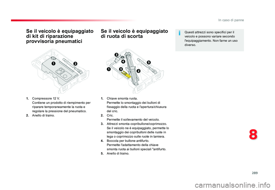 TOYOTA PROACE 2017  Manuale duso (in Italian) 289
8
In caso di panne
Jumpy _it_Chap08_En-cas-de-panne_ed01-2016
Se il veicolo è equipaggiato 
di kit di riparazione 
provvisoria pneumatici
1.  Compressore 12  V.
  Contiene un prodotto di riempime