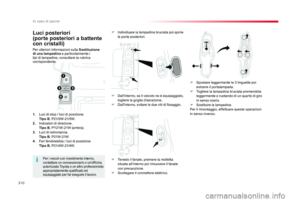 TOYOTA PROACE 2016 Manuale duso (in Italian) 310
In caso di panne
Jumpy _it_Chap08_En-cas-de-panne_ed01-2016
Luci posteriori
(porte posteriori a battente
con cristalli)
Per ulteriori informazioni sulla Sostituzione
di una lampadina e parti TOYOTA PROACE 2016 Manuale duso (in Italian) 310
In caso di panne
Jumpy _it_Chap08_En-cas-de-panne_ed01-2016
Luci posteriori
(porte posteriori a battente
con cristalli)
Per ulteriori informazioni sulla Sostituzione
di una lampadina e parti