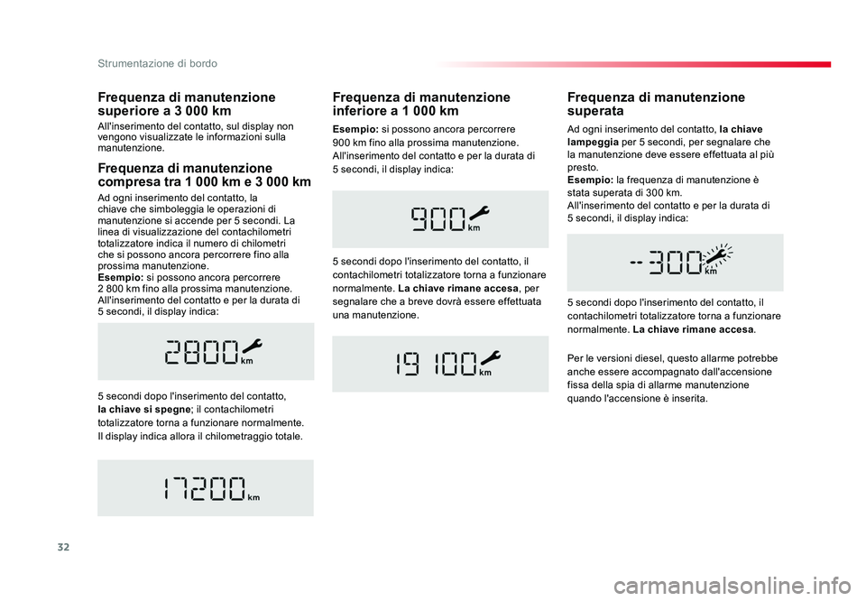 TOYOTA PROACE 2016  Manuale duso (in Italian) 32
Strumentazione di bordo
Jumpy _it_Chap01_instruments-de-bord_ed01-2016
Frequenza di manutenzione 
compresa tra 1 000 km e 3  000 km
Ad ogni inserimento del contatto, la 
chiave che simboleggia le o
