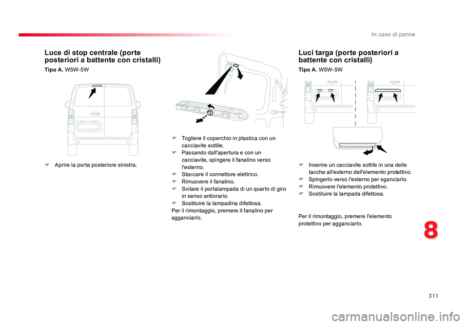 TOYOTA PROACE 2016 Manuale duso (in Italian) 311
8
In caso di panne
Jumpy _it_Chap08_En-cas-de-panne_ed01-2016
Luci targa (porte posteriori a
battente con cristalli)
Tipo A, W5W-5W
F Togliere il coperchio in plastica con un cacciavite sottile TOYOTA PROACE 2016 Manuale duso (in Italian) 311
8
In caso di panne
Jumpy _it_Chap08_En-cas-de-panne_ed01-2016
Luci targa (porte posteriori a
battente con cristalli)
Tipo A, W5W-5W
F Togliere il coperchio in plastica con un cacciavite sottile