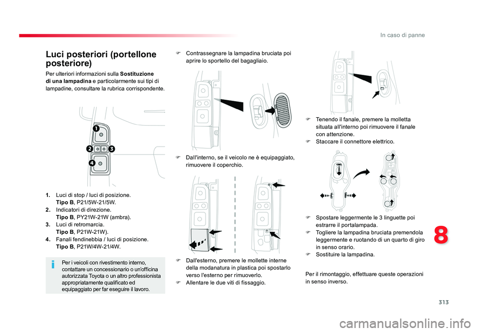 TOYOTA PROACE 2016 Manuale duso (in Italian) 313
8
In caso di panne
Jumpy _it_Chap08_En-cas-de-panne_ed01-2016
Luci posteriori (portellone
posteriore)
Per ulteriori informazioni sulla Sostituzione
di una lampadina e particolarmente sui tipi d TOYOTA PROACE 2016 Manuale duso (in Italian) 313
8
In caso di panne
Jumpy _it_Chap08_En-cas-de-panne_ed01-2016
Luci posteriori (portellone
posteriore)
Per ulteriori informazioni sulla Sostituzione
di una lampadina e particolarmente sui tipi d