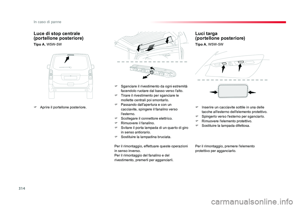 TOYOTA PROACE 2016 Manuale duso (in Italian) 314
In caso di panne
Jumpy _it_Chap08_En-cas-de-panne_ed01-2016
Per il rimontaggio, premere l'elemento
protettivo per agganciarlo.
F Sganciare il rivestimento da ogni estremità
facendolo ruota TOYOTA PROACE 2016 Manuale duso (in Italian) 314
In caso di panne
Jumpy _it_Chap08_En-cas-de-panne_ed01-2016
Per il rimontaggio, premere l'elemento
protettivo per agganciarlo.
F Sganciare il rivestimento da ogni estremità
facendolo ruota