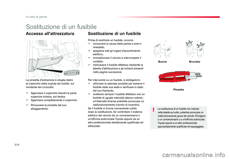 TOYOTA PROACE 2016 Manuale duso (in Italian) 316
In caso di panne
Jumpy _it_Chap08_En-cas-de-panne_ed01-2016
F Sganciare il coperchio tirando la parte
superiore sinistra, poi destra.
F Sganciare completamente il coperchio. Buono
Bruciato
Pinze TOYOTA PROACE 2016 Manuale duso (in Italian) 316
In caso di panne
Jumpy _it_Chap08_En-cas-de-panne_ed01-2016
F Sganciare il coperchio tirando la parte
superiore sinistra, poi destra.
F Sganciare completamente il coperchio. Buono
Bruciato
Pinze