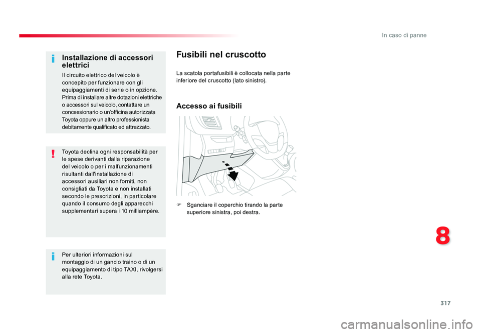 TOYOTA PROACE 2016 Manuale duso (in Italian) 317
8
In caso di panne
Jumpy _it_Chap08_En-cas-de-panne_ed01-2016
Toyota declina ogni responsabilità per
le spese derivanti dalla riparazione
del veicolo o per i malfunzionamenti
risultanti dall TOYOTA PROACE 2016 Manuale duso (in Italian) 317
8
In caso di panne
Jumpy _it_Chap08_En-cas-de-panne_ed01-2016
Toyota declina ogni responsabilità per
le spese derivanti dalla riparazione
del veicolo o per i malfunzionamenti
risultanti dall