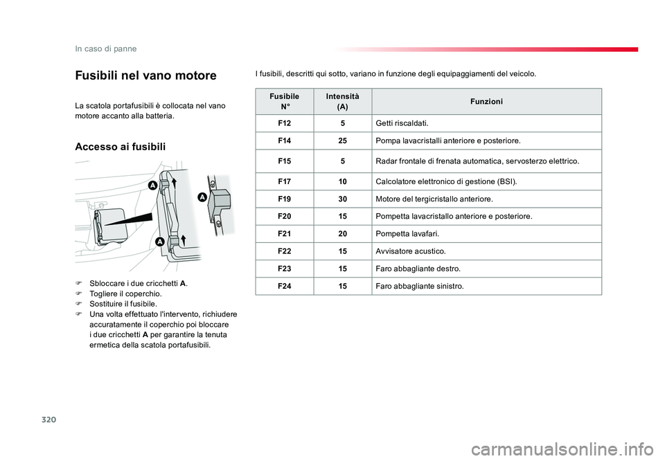 TOYOTA PROACE 2016 Manuale duso (in Italian) 320
In caso di panne
Jumpy _it_Chap08_En-cas-de-panne_ed01-2016
Fusibili nel vano motore
F Sbloccare i due cricchetti A.
F Togliere il coperchio.
F Sostituire il fusibile.
F Una volta effettuato l TOYOTA PROACE 2016 Manuale duso (in Italian) 320
In caso di panne
Jumpy _it_Chap08_En-cas-de-panne_ed01-2016
Fusibili nel vano motore
F Sbloccare i due cricchetti A.
F Togliere il coperchio.
F Sostituire il fusibile.
F Una volta effettuato l