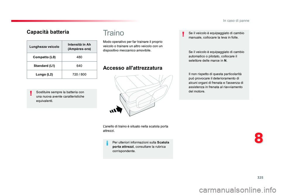 TOYOTA PROACE 2016 Manuale duso (in Italian) 325
8
In caso di panne
Jumpy _it_Chap08_En-cas-de-panne_ed01-2016
Capacità batteria
Lunghezza veicoloIntensità in Ah
(Ampères-ora)
Compatto (L0) 480
Standard (L1) 640
Lungo (L2) 720 / 800
Sostitui TOYOTA PROACE 2016 Manuale duso (in Italian) 325
8
In caso di panne
Jumpy _it_Chap08_En-cas-de-panne_ed01-2016
Capacità batteria
Lunghezza veicoloIntensità in Ah
(Ampères-ora)
Compatto (L0) 480
Standard (L1) 640
Lungo (L2) 720 / 800
Sostitui