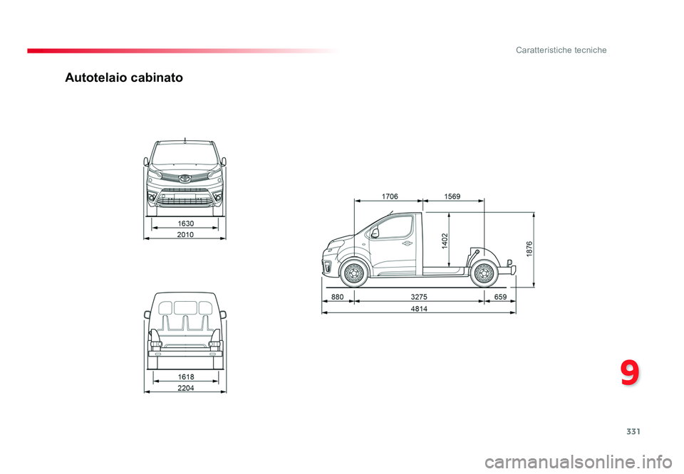 TOYOTA PROACE 2016 Manuale duso (in Italian) 331
9
Caratteristiche tecniche
Jumpy _it_Chap09_caracteristiques-techniques_ed01-2016
Autotelaio cabinato
Proace_IT.indb 33120/07/2016 09:19 TOYOTA PROACE 2016 Manuale duso (in Italian) 331
9
Caratteristiche tecniche
Jumpy _it_Chap09_caracteristiques-techniques_ed01-2016
Autotelaio cabinato
Proace_IT.indb 33120/07/2016 09:19