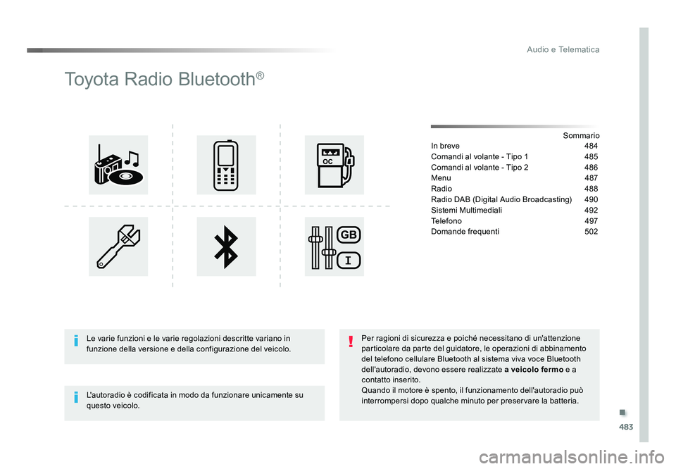 TOYOTA PROACE 2016 Manuale duso (in Italian) .
483
Audio e Telematica
Jumpy_it_Chap10d_RD6_ed01-2016
Toyota Radio Bluetooth®
Sommario
In breve 484
Comandi al volante - Tipo 1 485
Comandi al volante - Tipo 2 486
Menu 487
Radio 488
Radio TOYOTA PROACE 2016 Manuale duso (in Italian) .
483
Audio e Telematica
Jumpy_it_Chap10d_RD6_ed01-2016
Toyota Radio Bluetooth®
Sommario
In breve 484
Comandi al volante - Tipo 1 485
Comandi al volante - Tipo 2 486
Menu 487
Radio 488
Radio