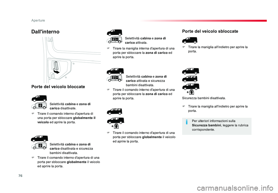 TOYOTA PROACE 2016 Manuale duso (in Italian) 76
Aperture
Jumpy _it_Chap02_ouvertures_ed01-2016
Per ulteriori informazioni sulla
Sicurezza bambini, leggere la rubrica
corrispondente.
Dall'interno
Selettività cabina e zona di
carico disa TOYOTA PROACE 2016 Manuale duso (in Italian) 76
Aperture
Jumpy _it_Chap02_ouvertures_ed01-2016
Per ulteriori informazioni sulla
Sicurezza bambini, leggere la rubrica
corrispondente.
Dall'interno
Selettività cabina e zona di
carico disa