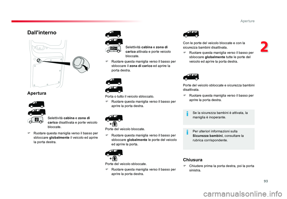TOYOTA PROACE 2016  Manuale duso (in Italian) 93
2
Aperture
Jumpy _it_Chap02_ouvertures_ed01-2016
Se la sicurezza bambini è attivata, la 
maniglia è inoperante.
Per ulteriori informazioni sulla 
Sicurezza bambini, consultare la 
rubrica corrisp