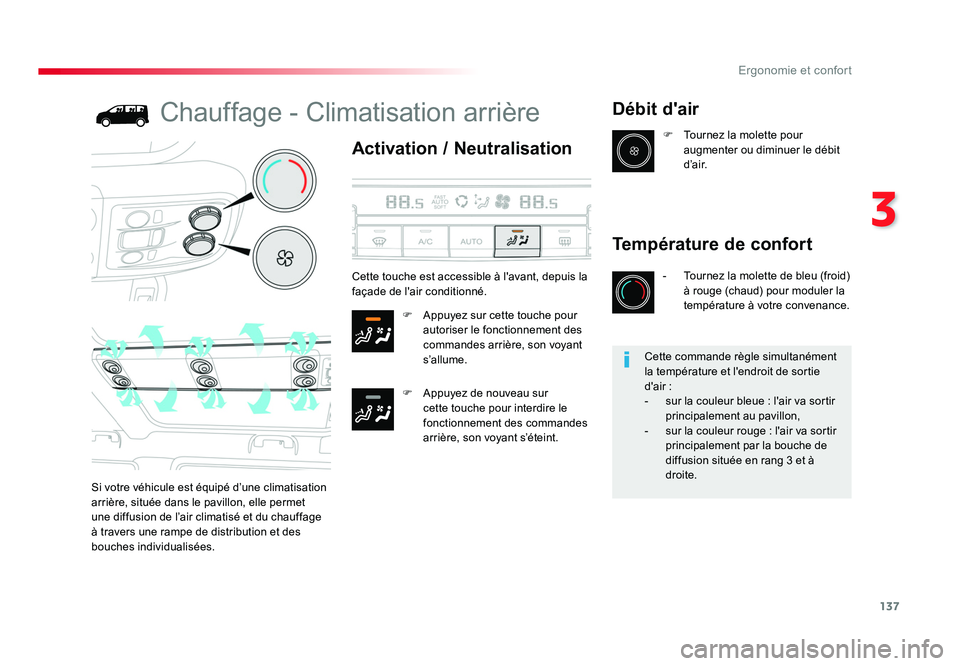 TOYOTA PROACE 2016 Manuel du propriétaire (in French) 137
3
Ergonomie et confort
Chauffage - Climatisation arrière
Activation / Neutralisation
F Appuyez sur cette touche pour autoriser le fonctionnement des
commandes arrière, son voyant
s’allume.
TOYOTA PROACE 2016 Manuel du propriétaire (in French) 137
3
Ergonomie et confort
Chauffage - Climatisation arrière
Activation / Neutralisation
F Appuyez sur cette touche pour autoriser le fonctionnement des
commandes arrière, son voyant
s’allume.
