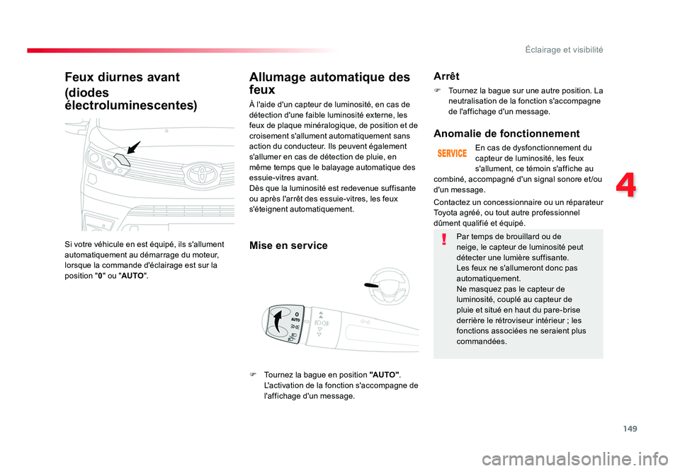 TOYOTA PROACE 2016 Manuel du propriétaire (in French) 149
4
Éclairage et visibilité
Feux diurnes avant
(diodes
électroluminescentes)
Si votre véhicule en est équipé, ils s'allument
automatiquement au démarrage du moteur,
lorsque la commande TOYOTA PROACE 2016 Manuel du propriétaire (in French) 149
4
Éclairage et visibilité
Feux diurnes avant
(diodes
électroluminescentes)
Si votre véhicule en est équipé, ils s'allument
automatiquement au démarrage du moteur,
lorsque la commande