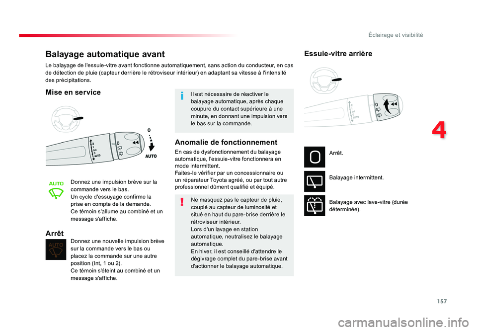 TOYOTA PROACE 2016 Manuel du propriétaire (in French) 157
4
Éclairage et visibilité
Balayage automatique avant
Mise en service
Donnez une impulsion brève sur la
commande vers le bas.
Un cycle d'essuyage confirme la
prise en compte de la demande. TOYOTA PROACE 2016 Manuel du propriétaire (in French) 157
4
Éclairage et visibilité
Balayage automatique avant
Mise en service
Donnez une impulsion brève sur la
commande vers le bas.
Un cycle d'essuyage confirme la
prise en compte de la demande.